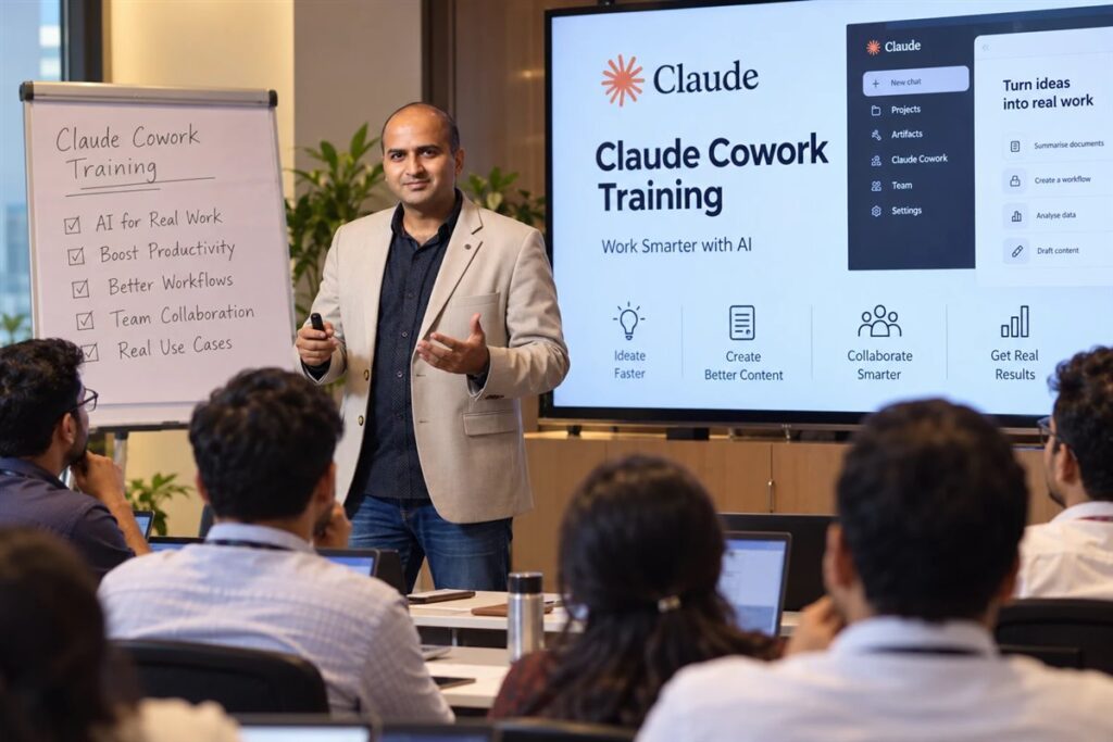 Hitesh Motwani leading a hands-on Claude Cowork training session in India