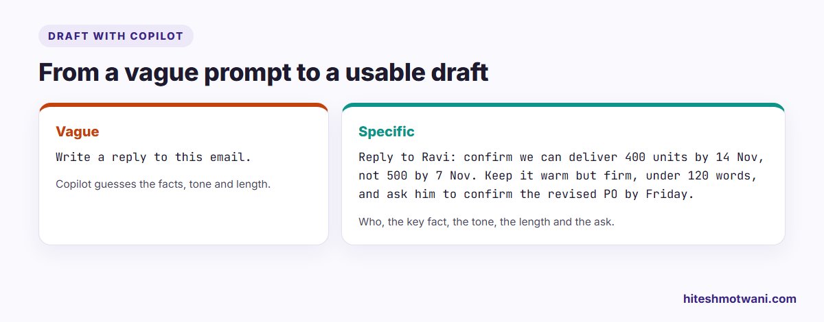 Vague versus specific prompt for Draft with Copilot in Outlook