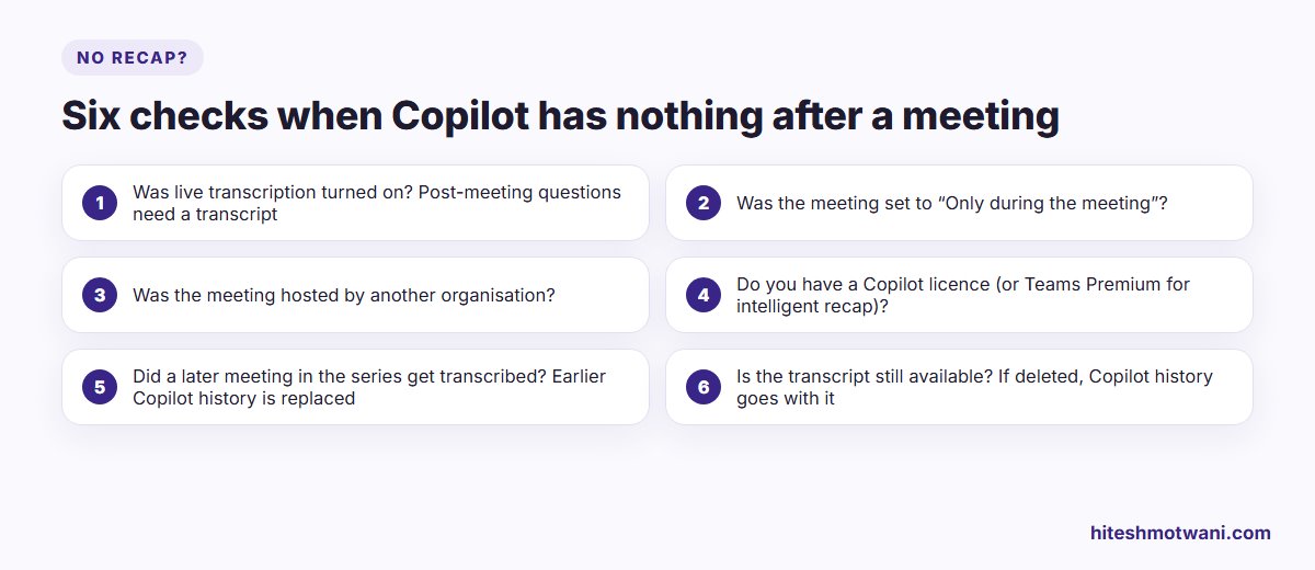 Checklist for when Copilot has no recap after a Teams meeting